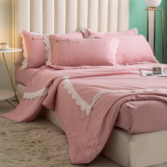 91家纺网 家纺一手货源 找家纺 安妮家居  2021新款法式仙女风水洗刺绣夏被四件套 少女粉