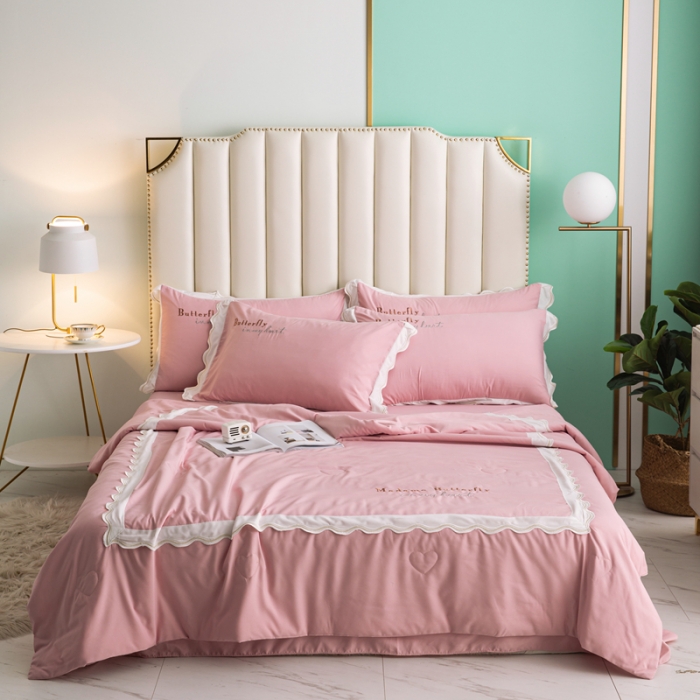 91家纺网 家纺一手货源 找家纺 安妮家居  2021新款法式仙女风水洗刺绣夏被四件套 少女粉