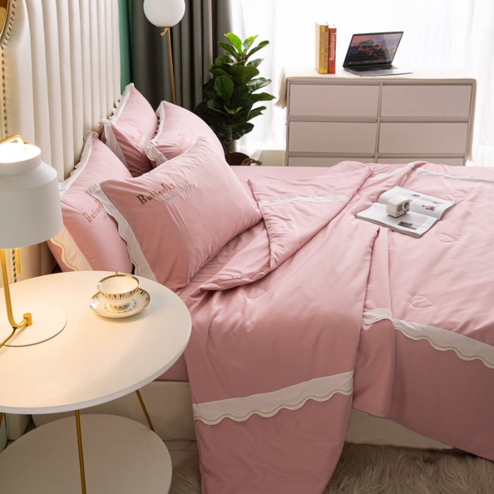 91家纺网 家纺一手货源 找家纺 安妮家居  2021新款法式仙女风水洗刺绣夏被四件套 少女粉