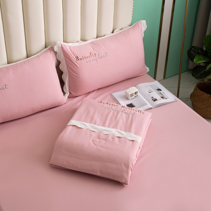 91家纺网 家纺一手货源 找家纺 安妮家居  2021新款法式仙女风水洗刺绣夏被四件套 少女粉