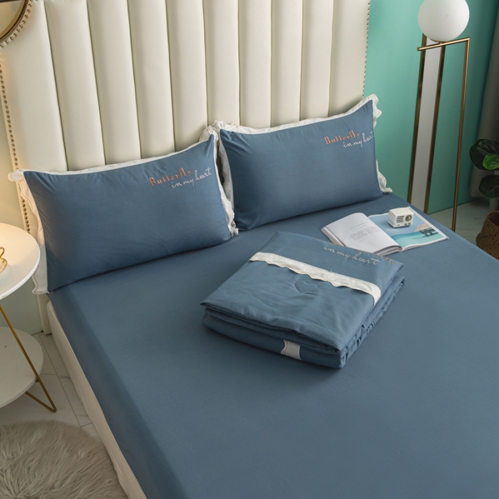 91家纺网 家纺一手货源 找家纺 安妮家居  2021新款法式仙女风水洗刺绣夏被四件套 星空蓝