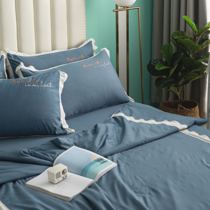 91家纺网 家纺一手货源 找家纺 安妮家居  2021新款法式仙女风水洗刺绣夏被四件套 星空蓝