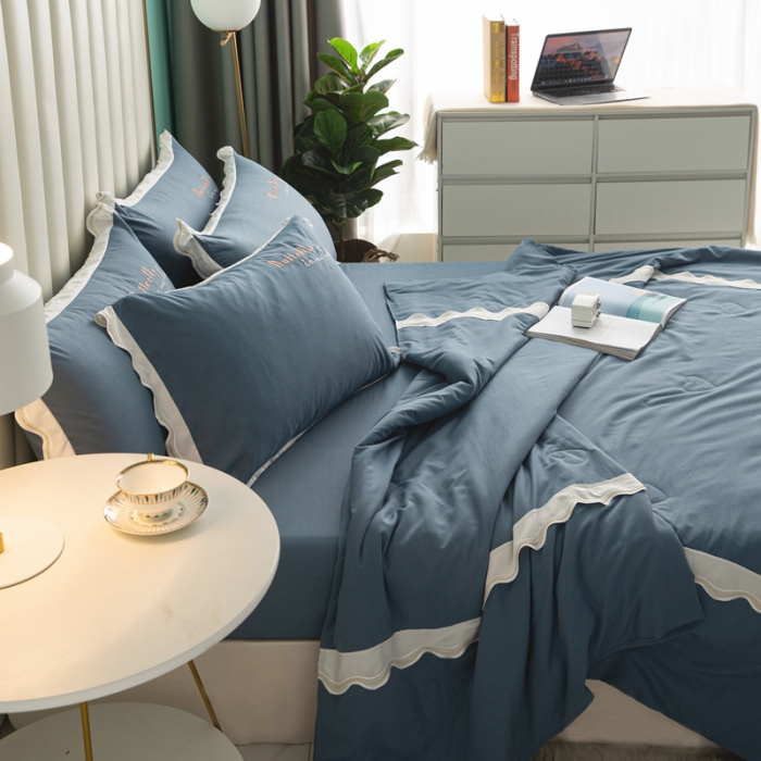 91家纺网 家纺一手货源 找家纺 安妮家居  2021新款法式仙女风水洗刺绣夏被四件套 星空蓝