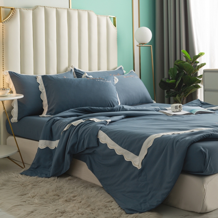 91家纺网 家纺一手货源 找家纺 安妮家居  2021新款法式仙女风水洗刺绣夏被四件套 星空蓝