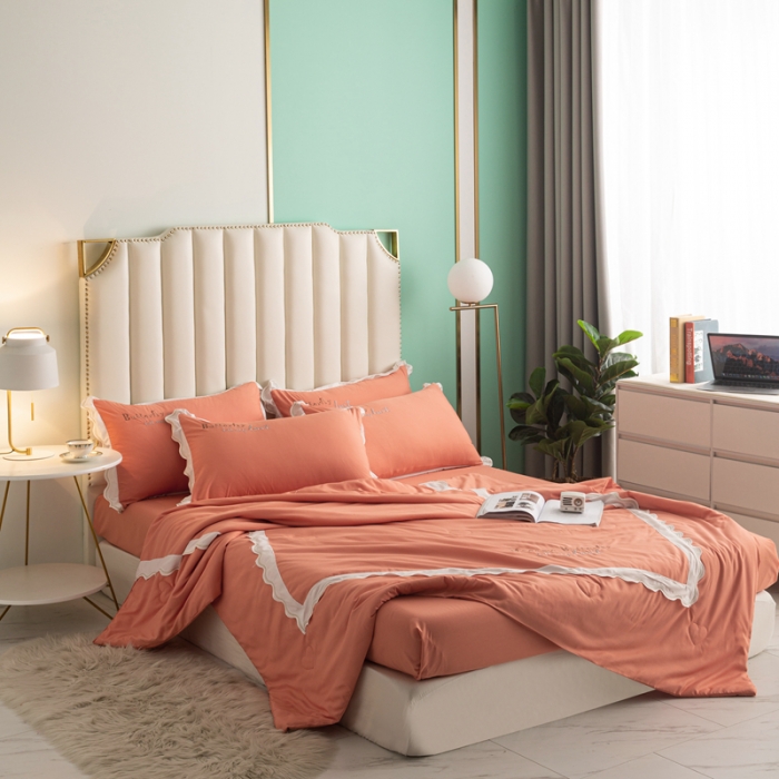 91家纺网 家纺一手货源 找家纺 安妮家居  2021新款法式仙女风水洗刺绣夏被四件套 优雅橙