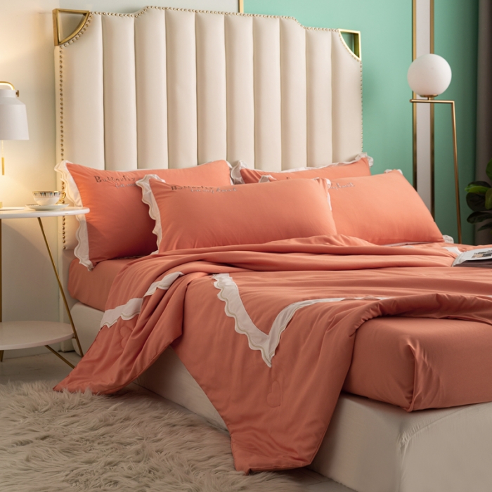 91家纺网 家纺一手货源 找家纺 安妮家居  2021新款法式仙女风水洗刺绣夏被四件套 优雅橙