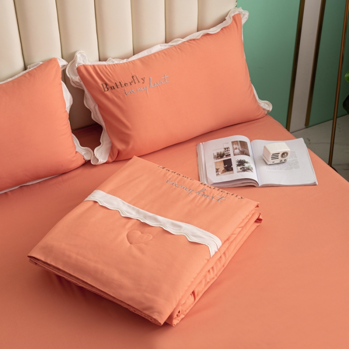 91家纺网 家纺一手货源 找家纺 安妮家居  2021新款法式仙女风水洗刺绣夏被四件套 优雅橙