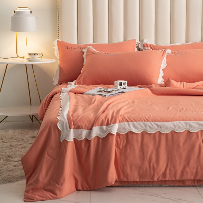 91家纺网 家纺一手货源 找家纺 安妮家居  2021新款法式仙女风水洗刺绣夏被四件套 优雅橙