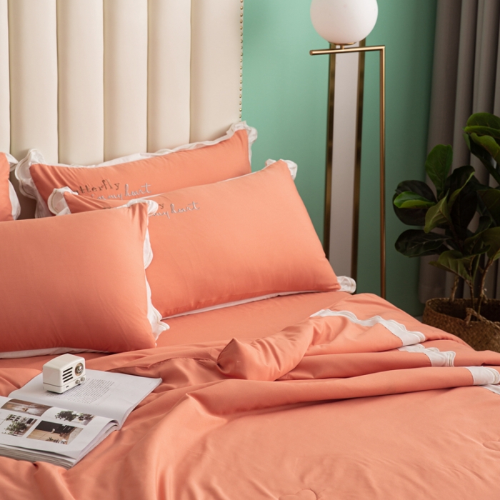 91家纺网 家纺一手货源 找家纺 安妮家居  2021新款法式仙女风水洗刺绣夏被四件套 优雅橙