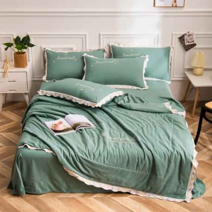 安妮家居 2021新款泫雅风水洗刺绣夏被四件套 薄荷绿