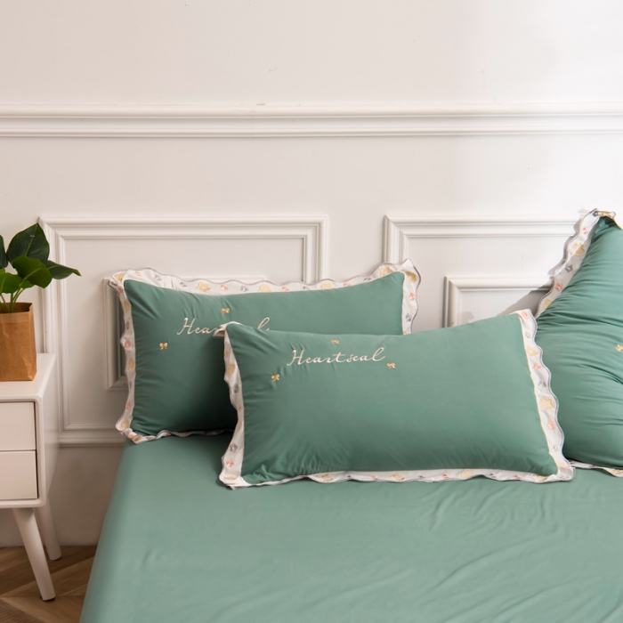 91家纺网 家纺一手货源 找家纺 安妮家居 2021新款泫雅风水洗刺绣夏被四件套 薄荷绿