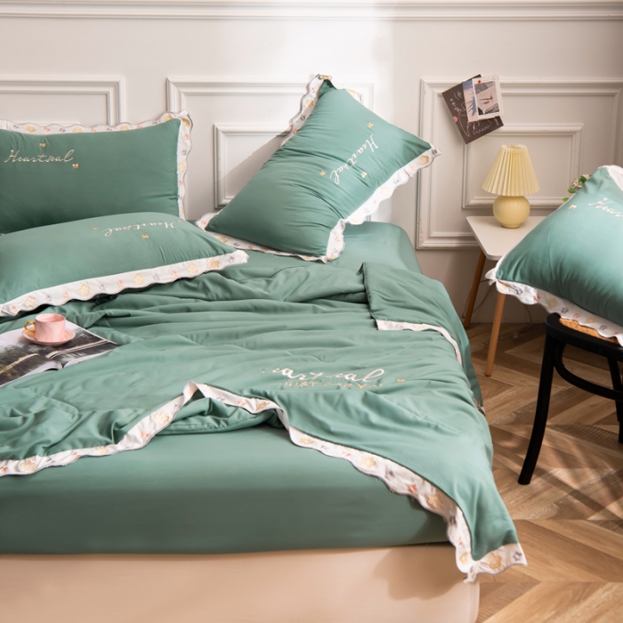 91家纺网 家纺一手货源 找家纺 安妮家居 2021新款泫雅风水洗刺绣夏被四件套 薄荷绿