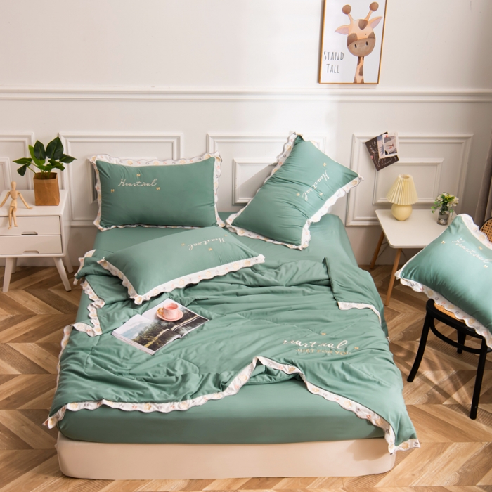 91家纺网 家纺一手货源 找家纺 安妮家居 2021新款泫雅风水洗刺绣夏被四件套 薄荷绿