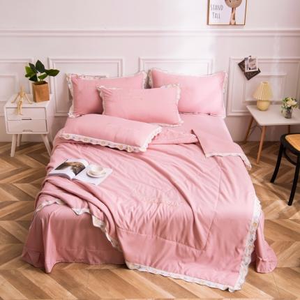 安妮家居 2021新款泫雅风水洗刺绣夏被四件套 少女粉