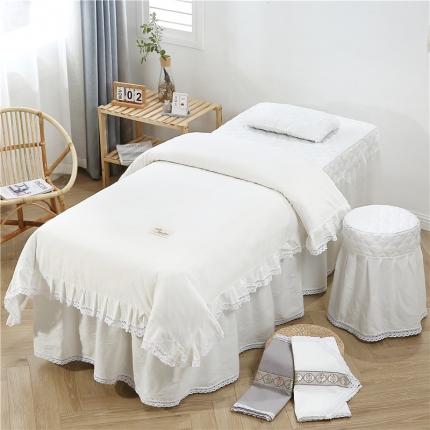 91家纺网 家纺一手货源 找家纺 乐逸 2023新款全棉色织水洗棉美容床罩套件 白色