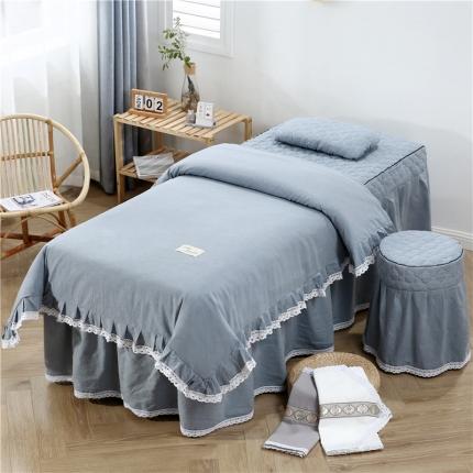 91家纺网 家纺一手货源 找家纺 乐逸 2023新款全棉色织水洗棉美容床罩套件 浅蓝