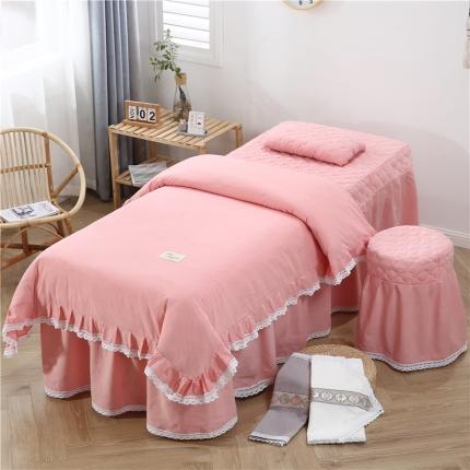 91家纺网 家纺一手货源 找家纺 乐逸 2023新款全棉色织水洗棉美容床罩套件 西瓜红