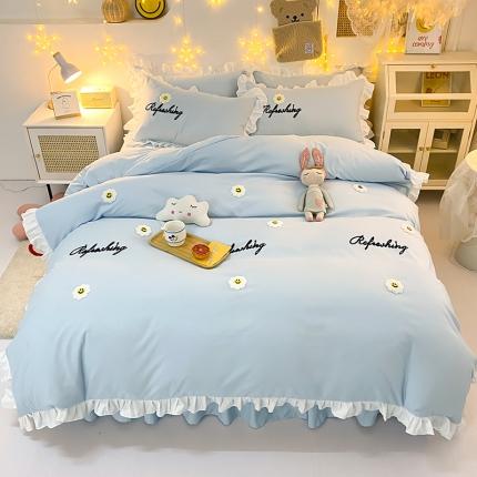 91家纺网 家纺一手货源 找家纺 包小包 2024新款韩版太阳花亲肤磨毛四件套 太阳花-温柔蓝