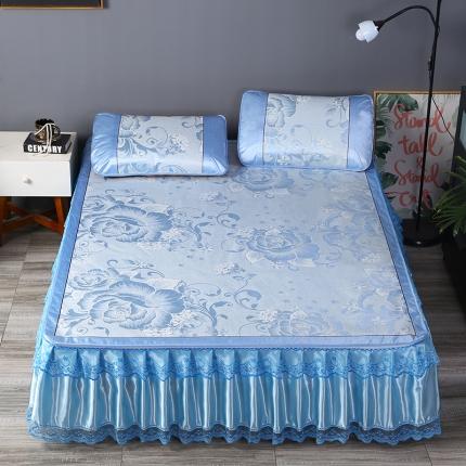 91家纺网 家纺一手货源 找家纺 能好家纺 2021新款提花床裙冰丝席 富贵花开蓝