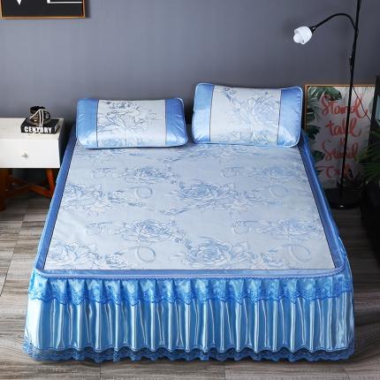 91家纺网 家纺一手货源 找家纺 能好家纺 2021新款提花床裙冰丝席 花言蜜语蓝