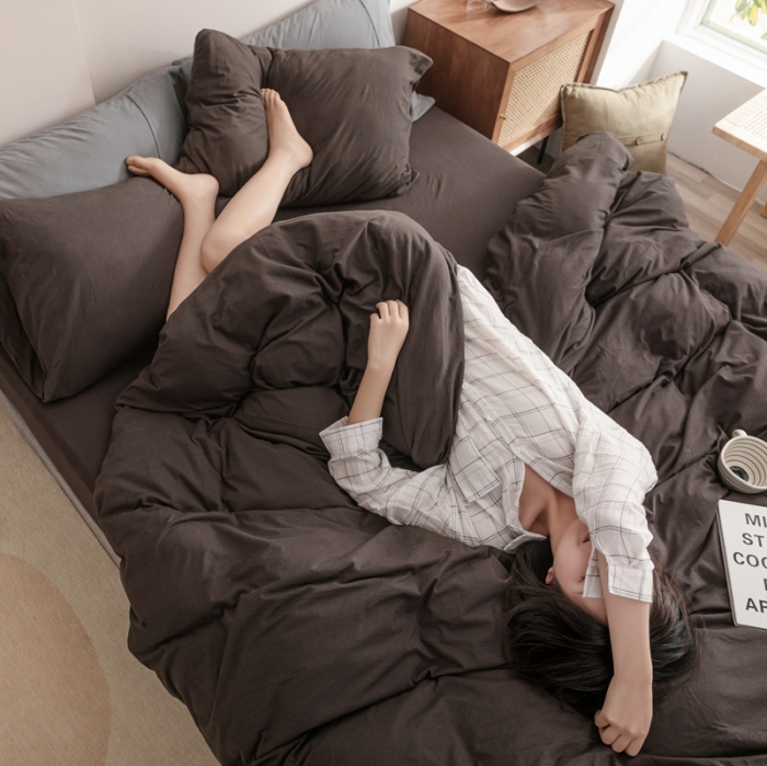 91家纺网 家纺一手货源 找家纺 简煦 2025新款针织印染纯色四件套 印-深咖