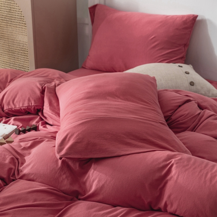 91家纺网 家纺一手货源 找家纺 简煦 2025新款针织印染纯色四件套 印-西瓜红