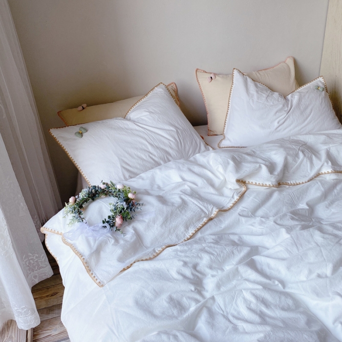 91家纺网 家纺一手货源 找家纺 玛奇朵2021新款全棉色织水洗棉贝壳边四件套妮可系列妮可-白