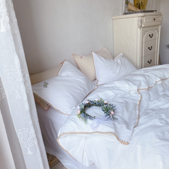 91家纺网 家纺一手货源 找家纺 玛奇朵2021新款全棉色织水洗棉贝壳边四件套妮可系列妮可-白