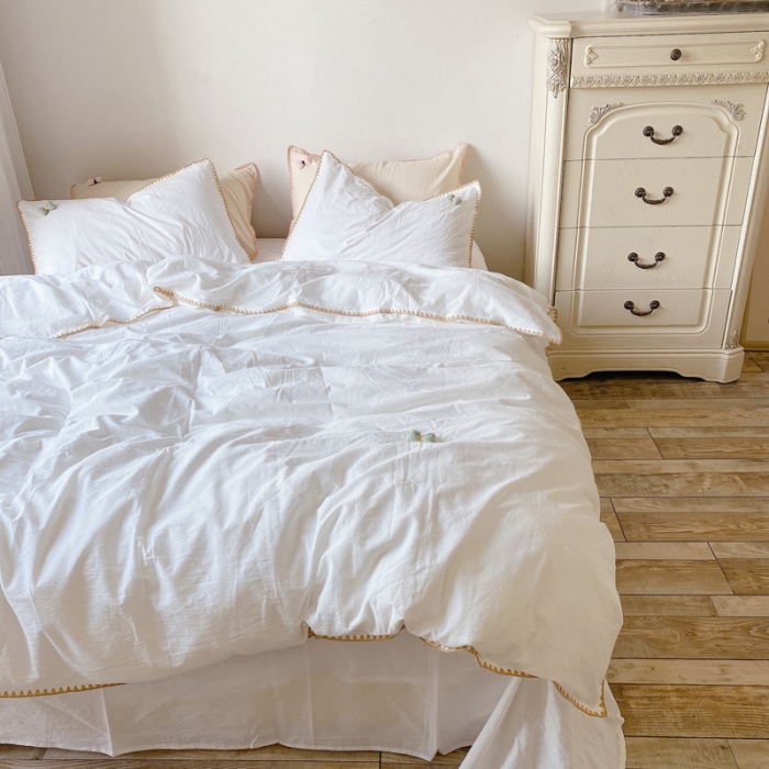 91家纺网 家纺一手货源 找家纺 玛奇朵2021新款全棉色织水洗棉贝壳边四件套妮可系列妮可-白