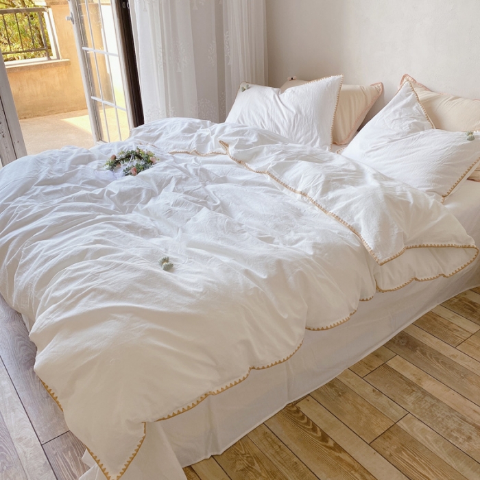 91家纺网 家纺一手货源 找家纺 玛奇朵2021新款全棉色织水洗棉贝壳边四件套妮可系列妮可-白