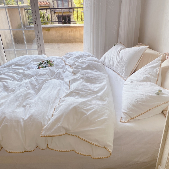 91家纺网 家纺一手货源 找家纺 玛奇朵2021新款全棉色织水洗棉贝壳边四件套妮可系列妮可-白