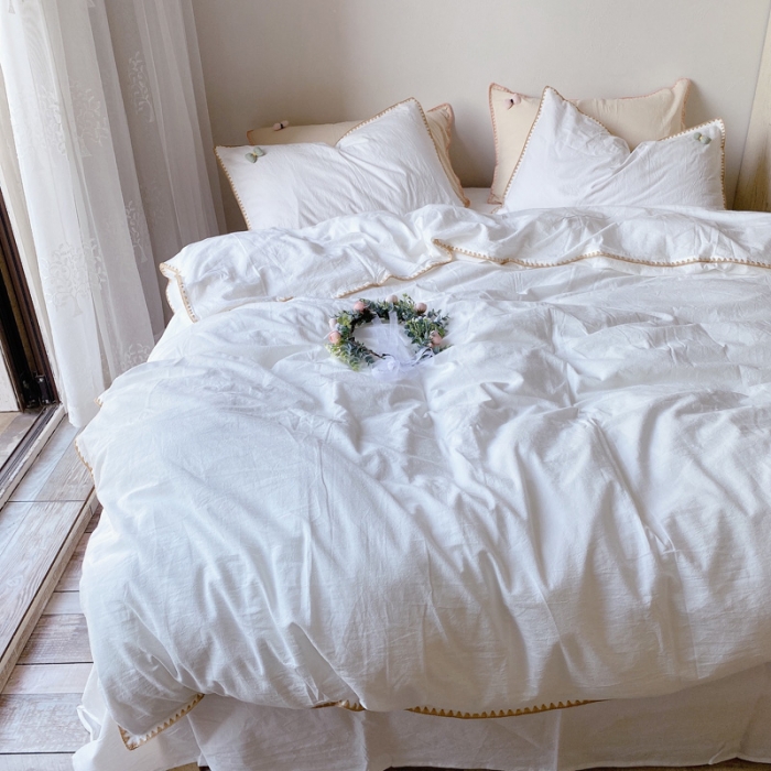 91家纺网 家纺一手货源 找家纺 玛奇朵2021新款全棉色织水洗棉贝壳边四件套妮可系列妮可-白