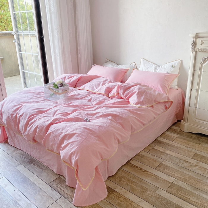 91家纺网 家纺一手货源 找家纺 玛奇朵2021新款全棉色织水洗棉贝壳边四件套妮可系列妮可-粉