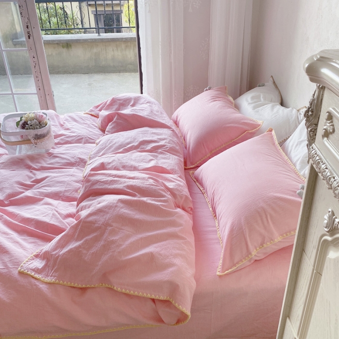 91家纺网 家纺一手货源 找家纺 玛奇朵2021新款全棉色织水洗棉贝壳边四件套妮可系列妮可-粉