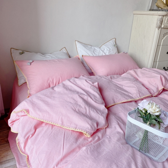 91家纺网 家纺一手货源 找家纺 玛奇朵2021新款全棉色织水洗棉贝壳边四件套妮可系列妮可-粉