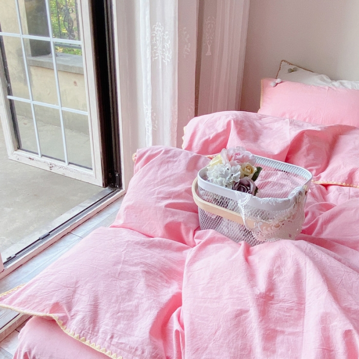 91家纺网 家纺一手货源 找家纺 玛奇朵2021新款全棉色织水洗棉贝壳边四件套妮可系列妮可-粉