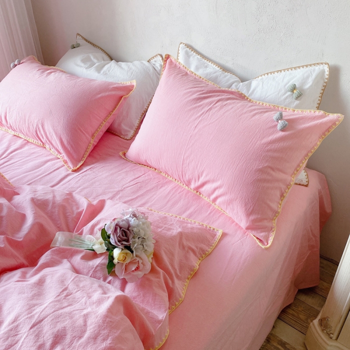 91家纺网 家纺一手货源 找家纺 玛奇朵2021新款全棉色织水洗棉贝壳边四件套妮可系列妮可-粉