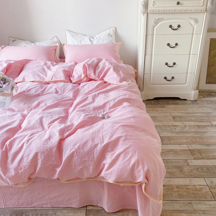 91家纺网 家纺一手货源 找家纺 玛奇朵2021新款全棉色织水洗棉贝壳边四件套妮可系列妮可-粉