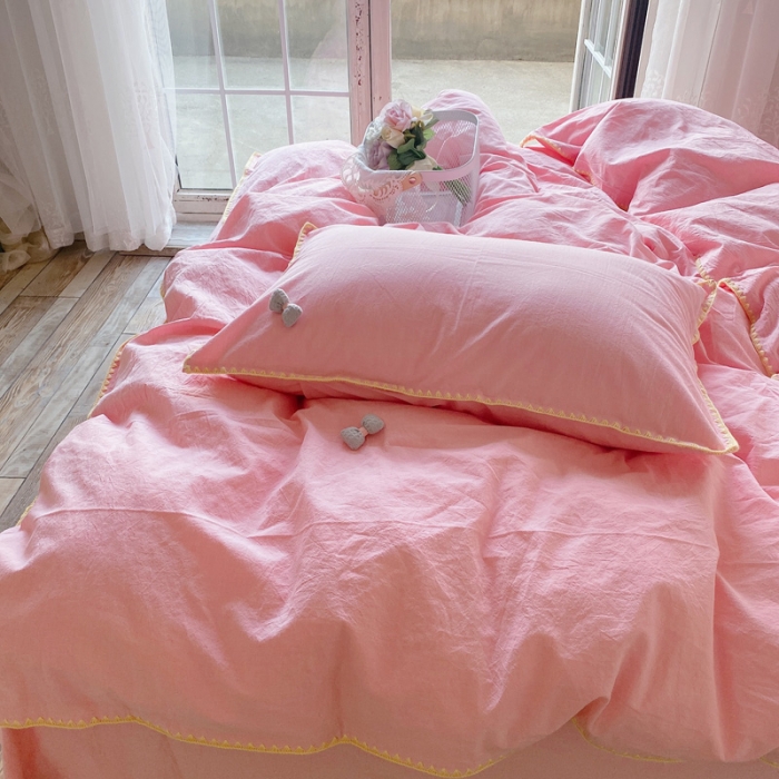 91家纺网 家纺一手货源 找家纺 玛奇朵2021新款全棉色织水洗棉贝壳边四件套妮可系列妮可-粉