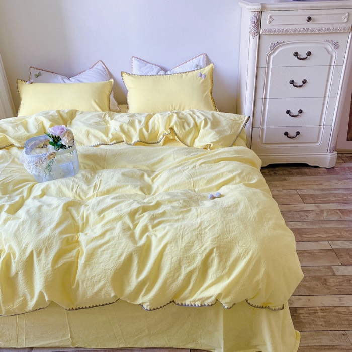 91家纺网 家纺一手货源 找家纺 玛奇朵2021新款全棉色织水洗棉贝壳边四件套妮可系列妮可-黄