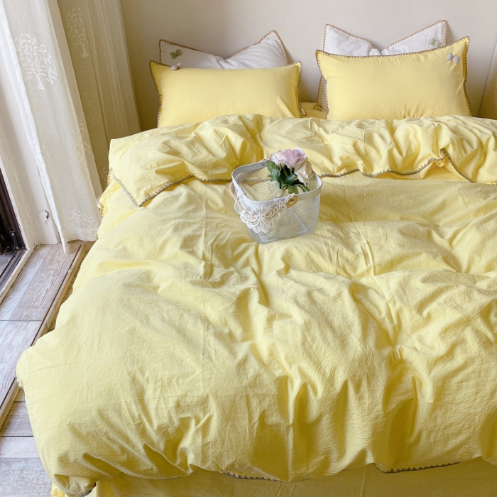 91家纺网 家纺一手货源 找家纺 玛奇朵2021新款全棉色织水洗棉贝壳边四件套妮可系列妮可-黄