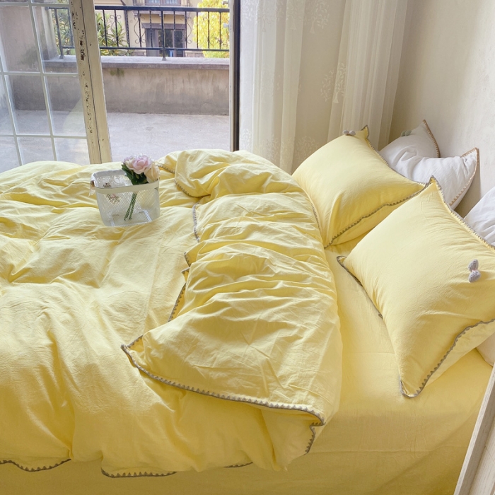 91家纺网 家纺一手货源 找家纺 玛奇朵2021新款全棉色织水洗棉贝壳边四件套妮可系列妮可-黄