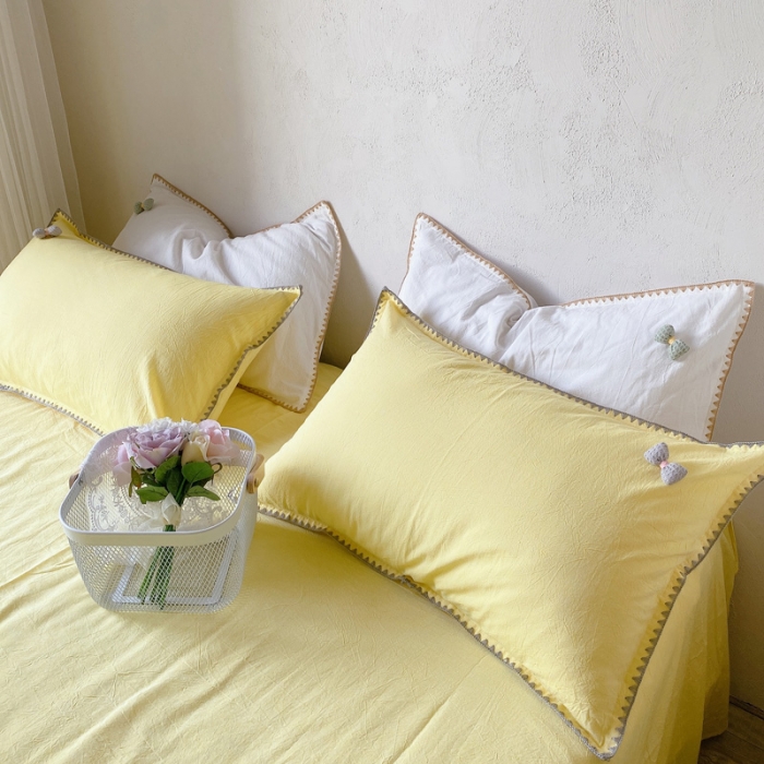 91家纺网 家纺一手货源 找家纺 玛奇朵2021新款全棉色织水洗棉贝壳边四件套妮可系列妮可-黄