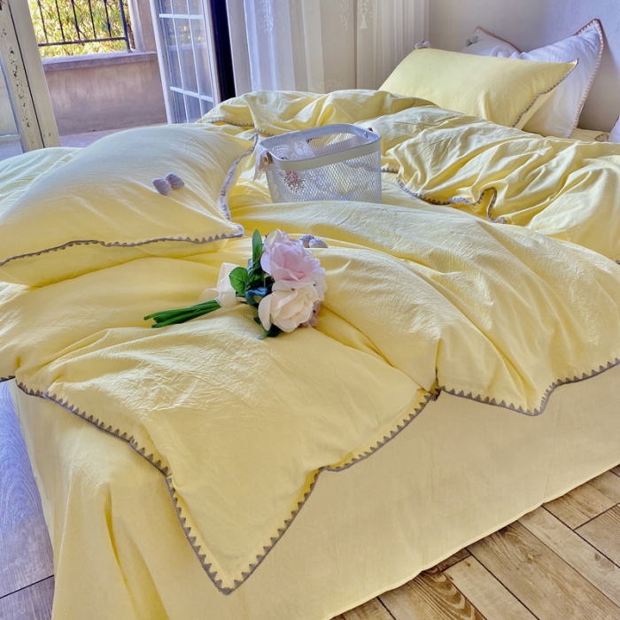 91家纺网 家纺一手货源 找家纺 玛奇朵2021新款全棉色织水洗棉贝壳边四件套妮可系列妮可-黄