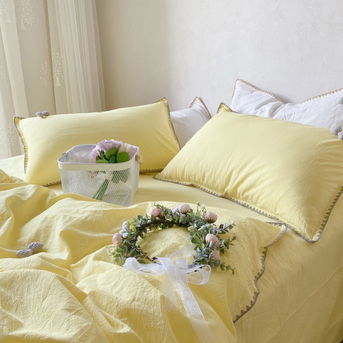 91家纺网 家纺一手货源 找家纺 玛奇朵2021新款全棉色织水洗棉贝壳边四件套妮可系列妮可-黄