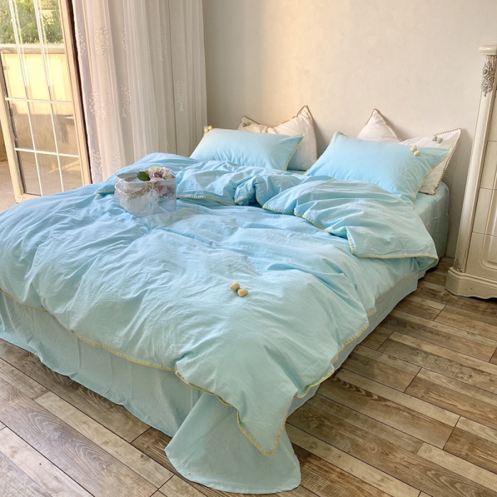 91家纺网 家纺一手货源 找家纺 玛奇朵2021新款全棉色织水洗棉贝壳边四件套妮可系列妮可-蓝