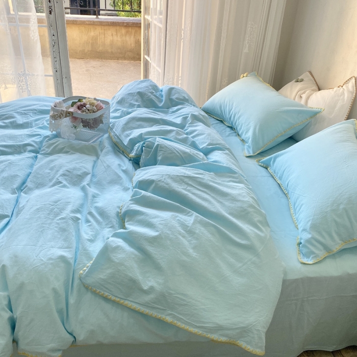 91家纺网 家纺一手货源 找家纺 玛奇朵2021新款全棉色织水洗棉贝壳边四件套妮可系列妮可-蓝