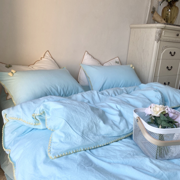 91家纺网 家纺一手货源 找家纺 玛奇朵2021新款全棉色织水洗棉贝壳边四件套妮可系列妮可-蓝