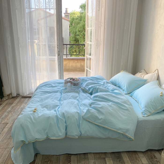 91家纺网 家纺一手货源 找家纺 玛奇朵2021新款全棉色织水洗棉贝壳边四件套妮可系列妮可-蓝