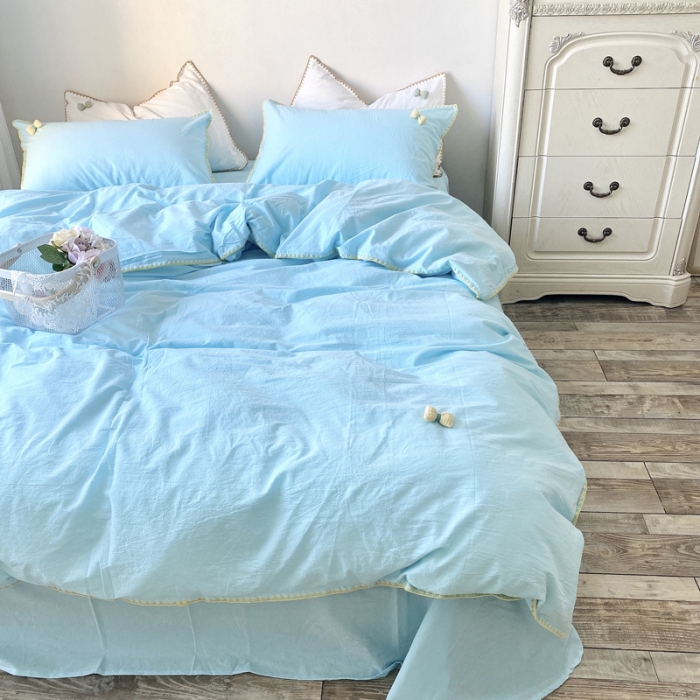 91家纺网 家纺一手货源 找家纺 玛奇朵2021新款全棉色织水洗棉贝壳边四件套妮可系列妮可-蓝